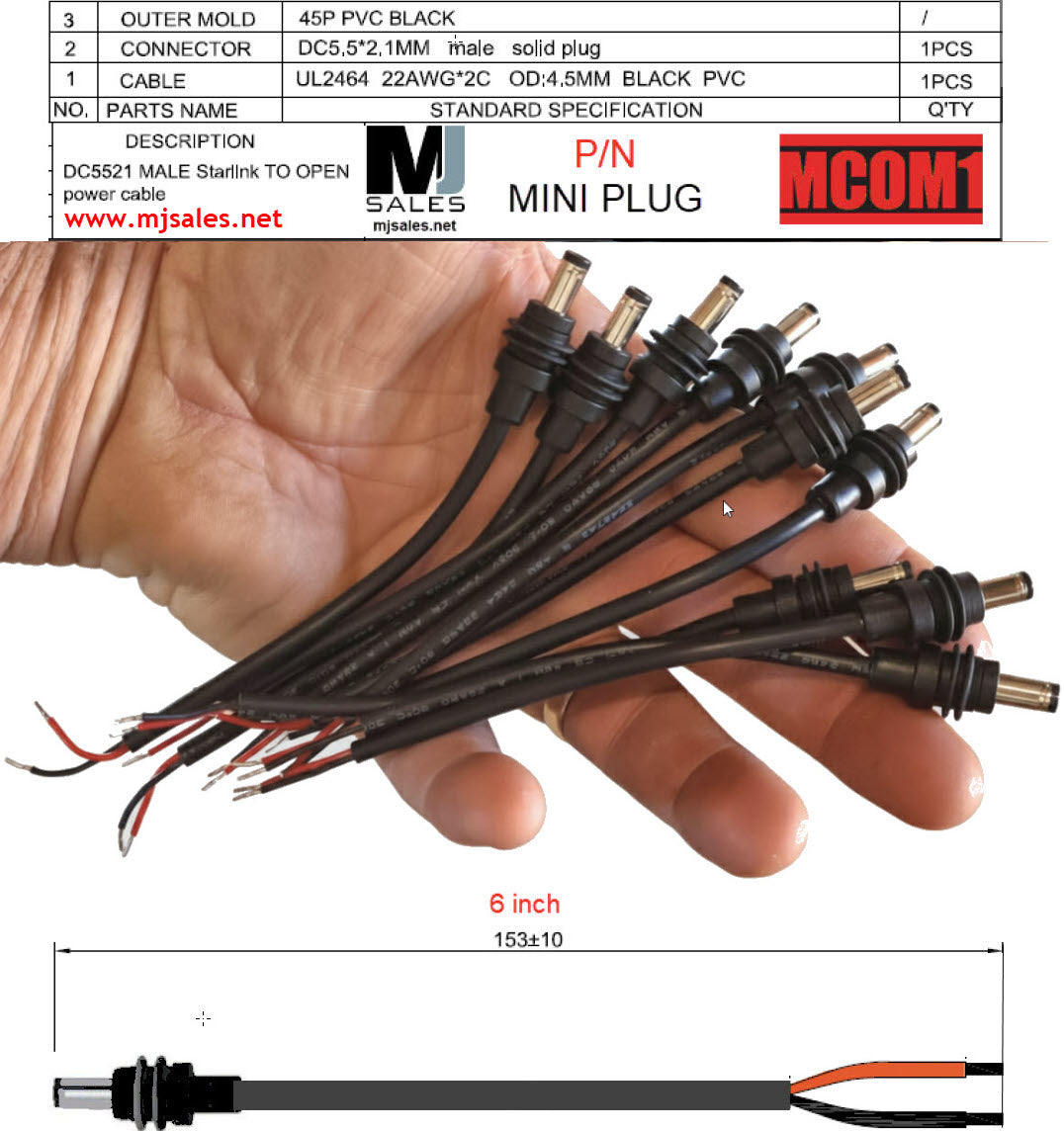 Starlink Mini Custom 6 inch power cable with male solid plug end and bare leads