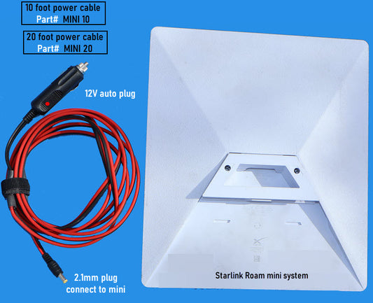 Automobile 12 volt plug with ten or 20 foot length of power cable to remote at a distance your Starlink Roam mini system.