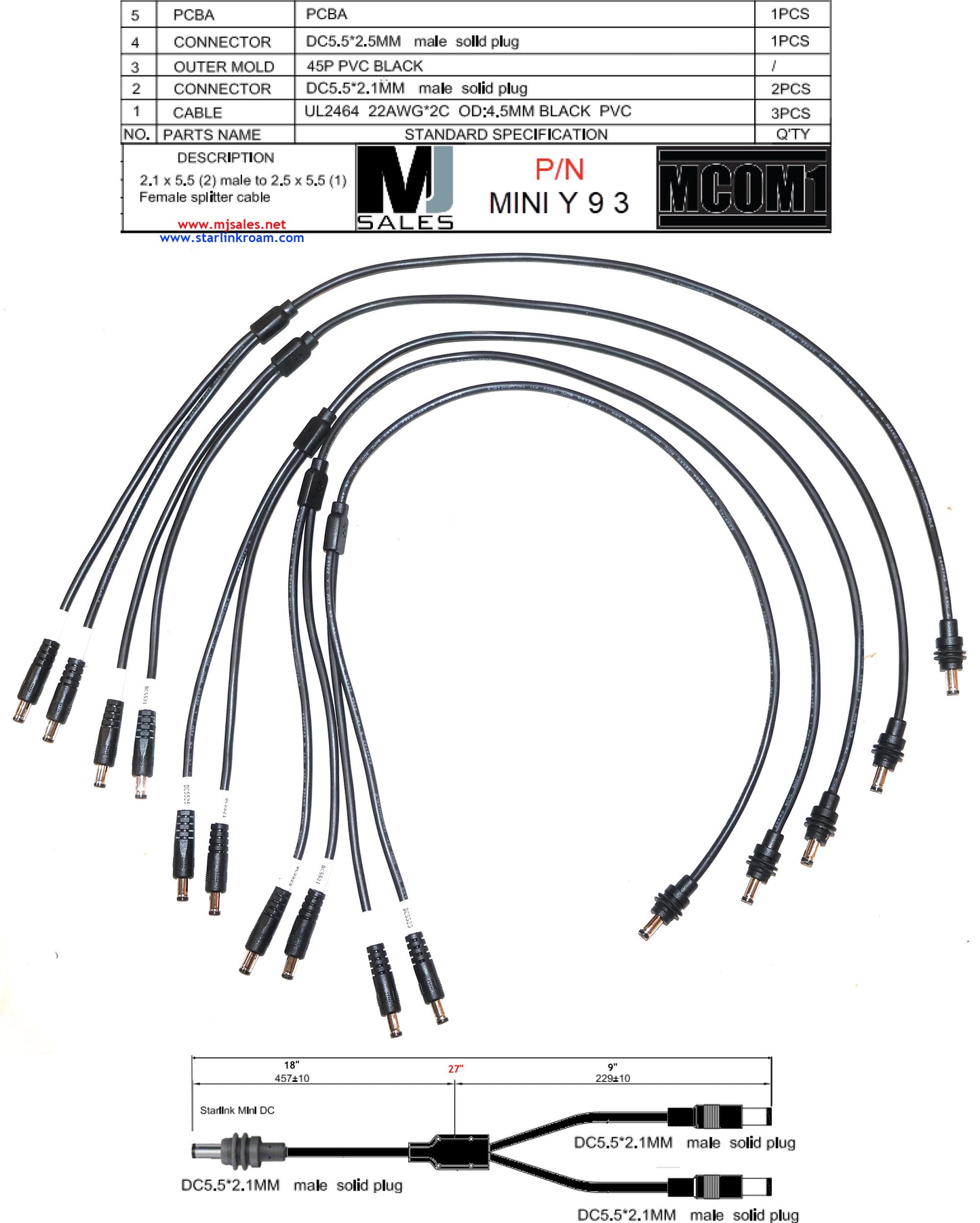 Starlink Mini Y-Cable with 18 inch & 9 inch leads